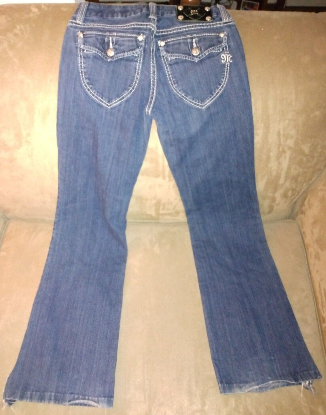 MISS Me 27 STUDDED RHINESTONE DENIM BLUE JEANS BOOT CUT? 29″ W MID RISE jr sz 11
