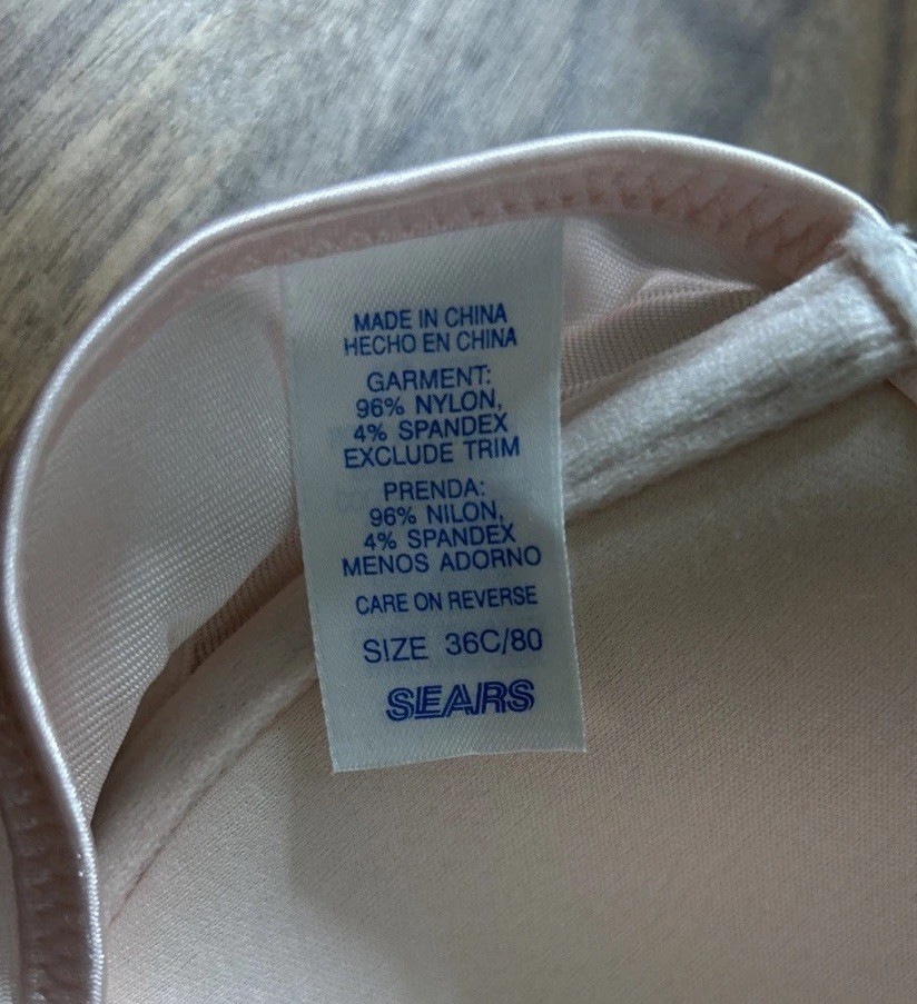 Vintage Sears Pink White Lace Trim Shiny Second Skin Bra Size 36C Front Closure