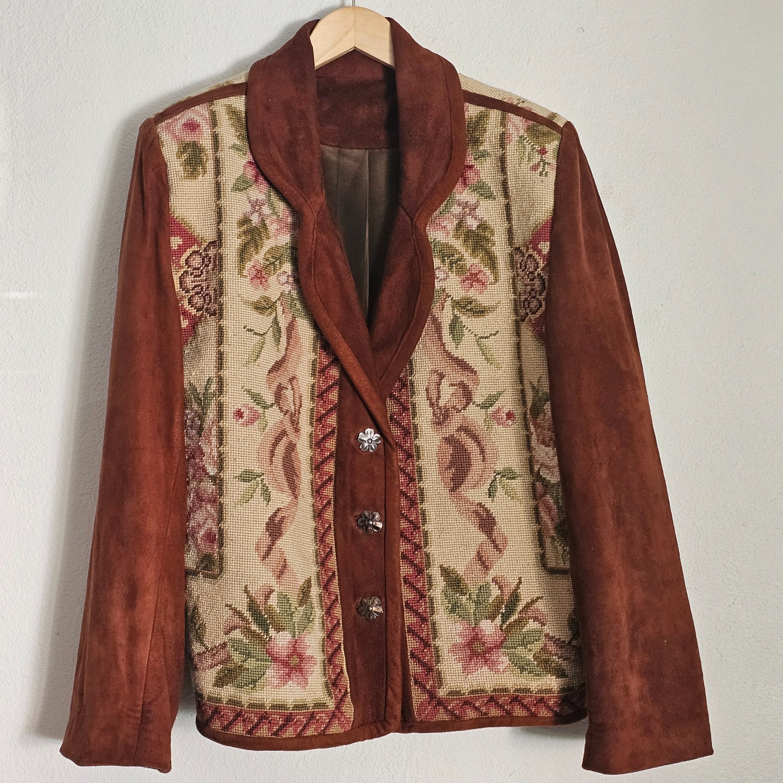 Vtg. BOUCHER Santa Fe Womens Suede Jacket Wool Floral Needle point Tapestry .925