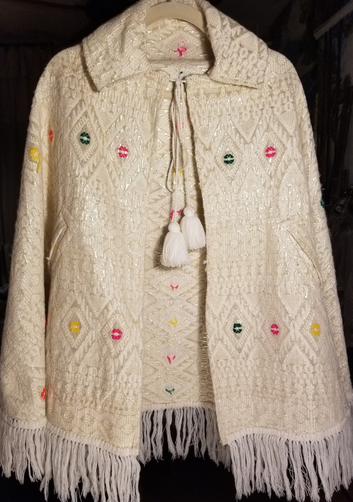 Amazing Vintage Embellished Gucci Style Cream Cape with Gold Thread and Tassels