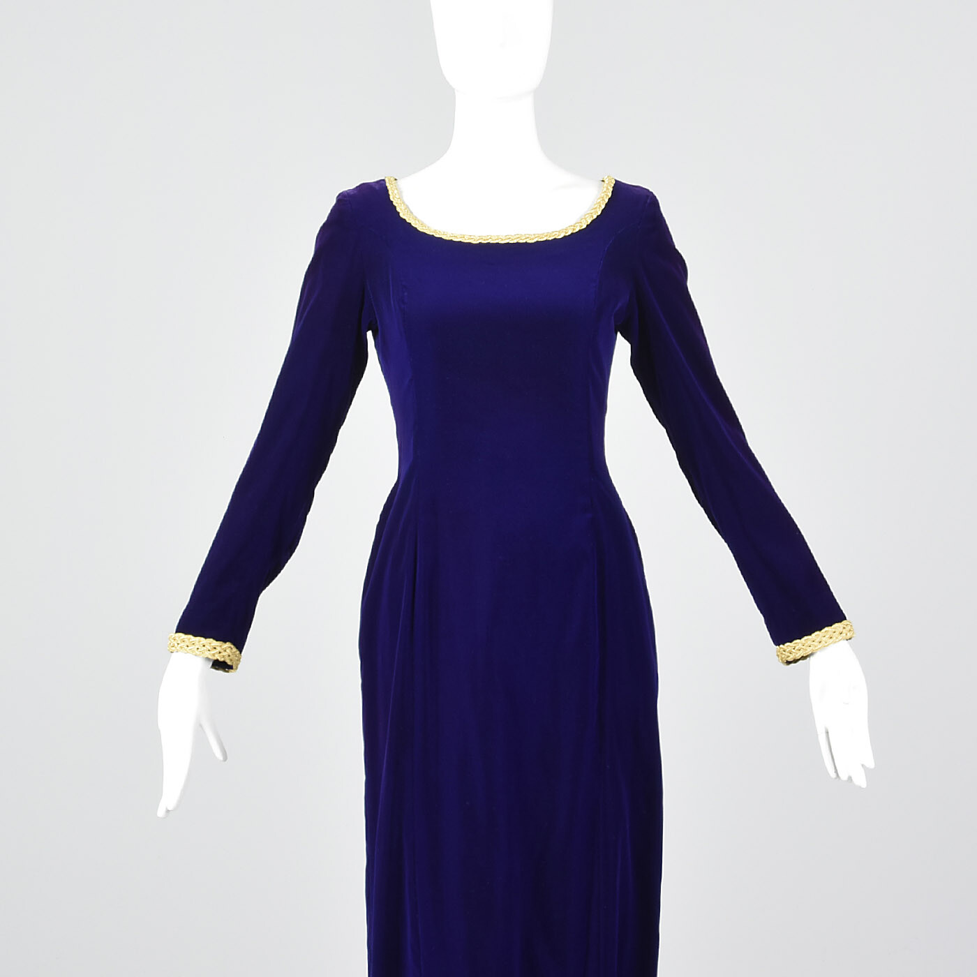 XS 1970s Purple Velvet Maxi Dress Gold Trim Long Evening Dress Holiday Party 70s