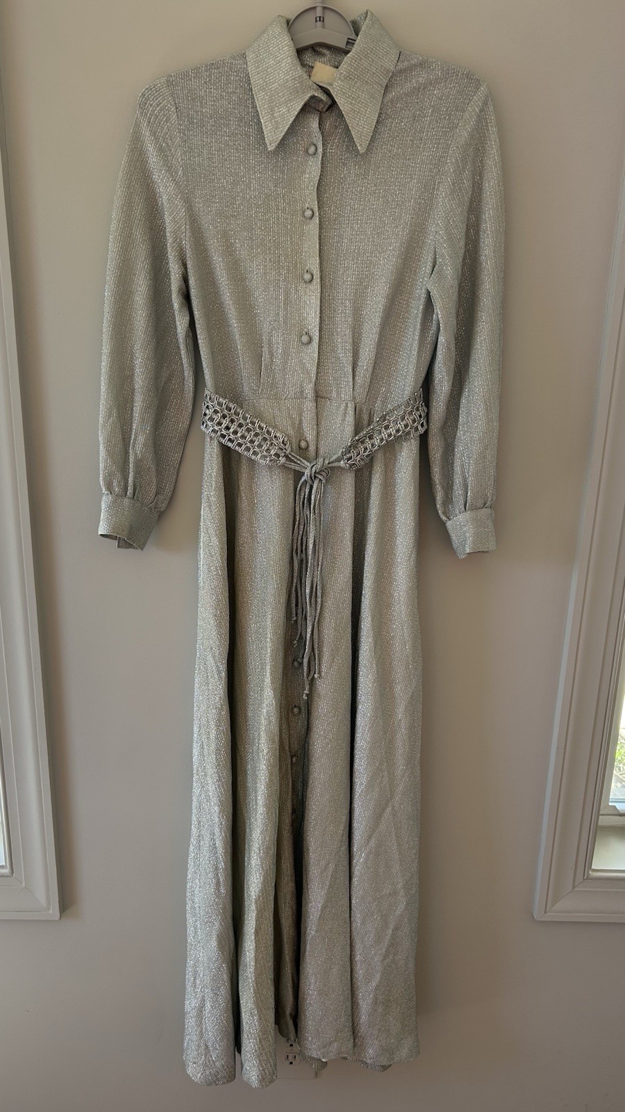 Vtg Keyloun Sz 10 Textured Silver Metallic Maxi Shirt Dress Belted Union Made