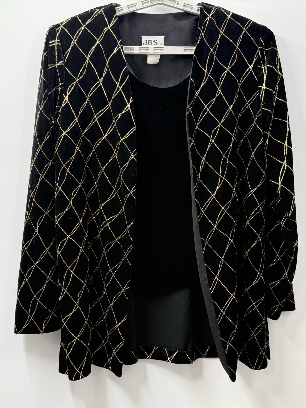 J.B.S. LTD. Size 12 Vintage Velvet Metallic Grid Open Front Jacket Black/Gold