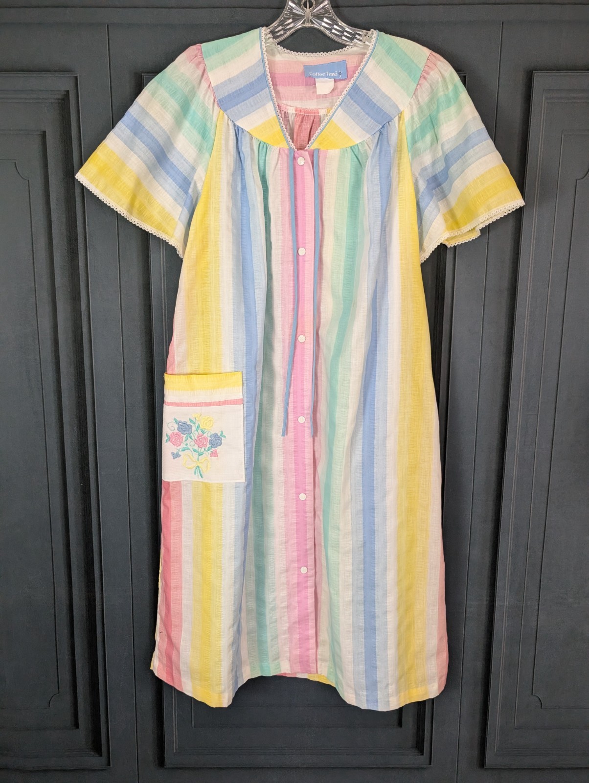 Vintage XL Pastel Rainbow Stripe Nightgown House Dress Pajama Pocket Embroidered