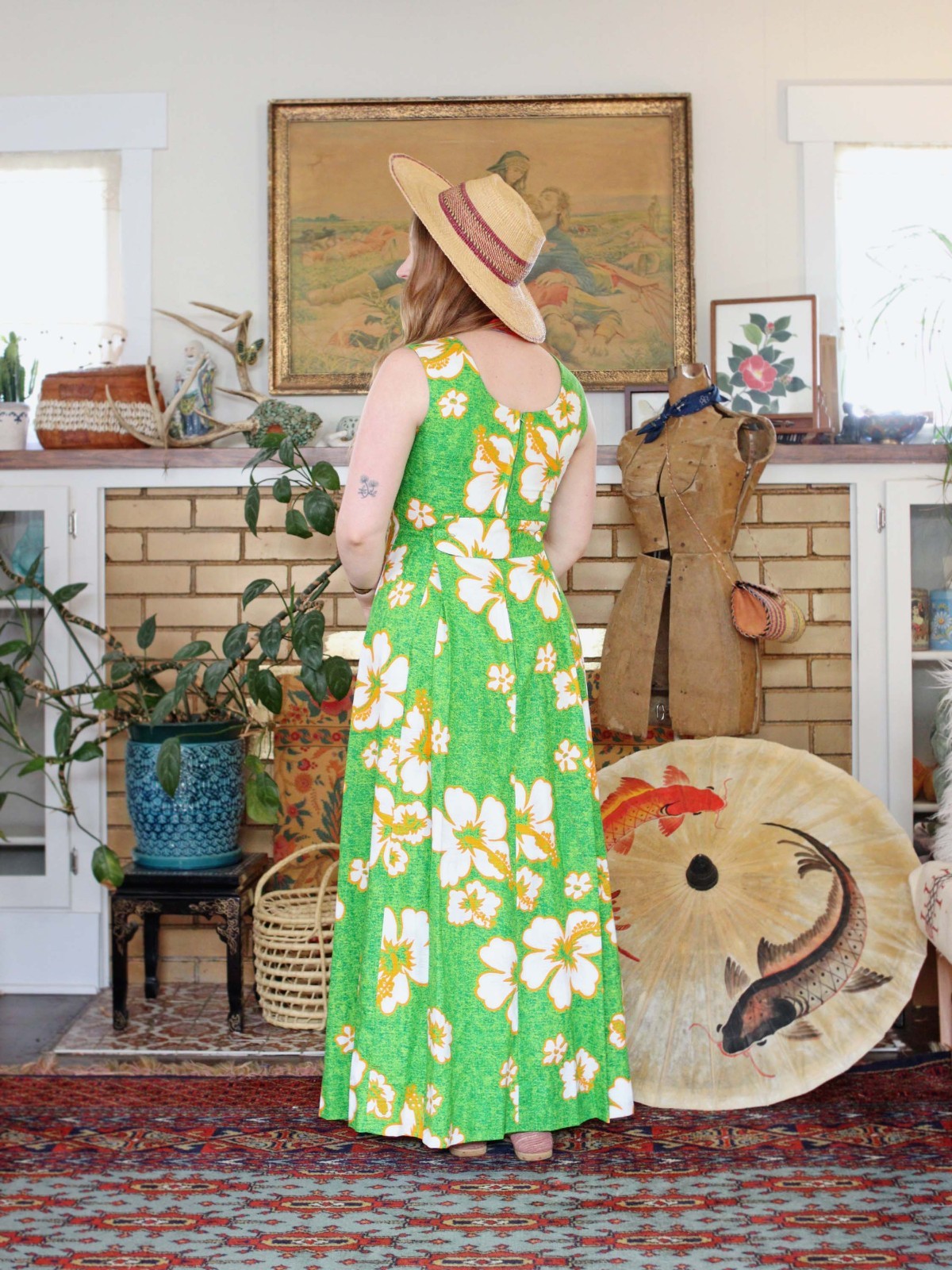 VTG Robin Art of Hawaii Green Hawaiian Barkcloth Dress 1970s Maxi Cotton dress