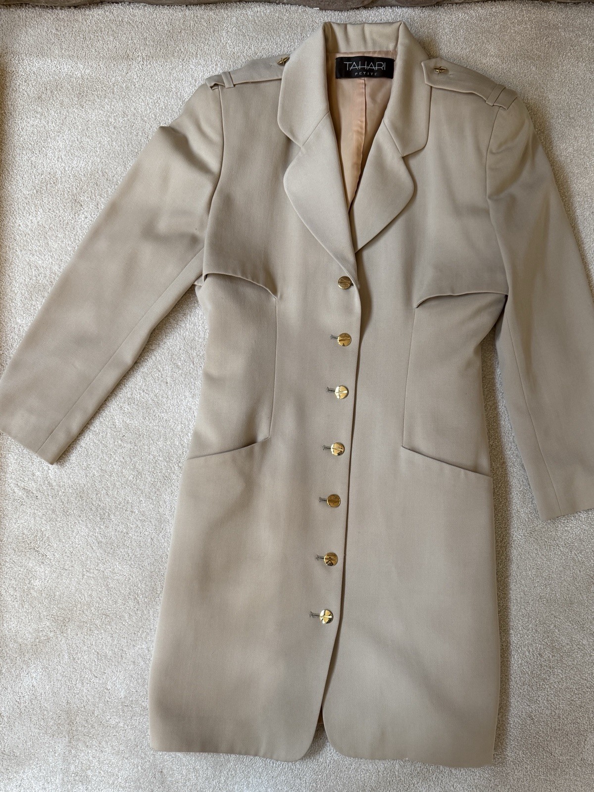 Vintage 1992 Tahari Petite Wool Beige Gabardine Coat dress Sz 8 Fully Lined READ