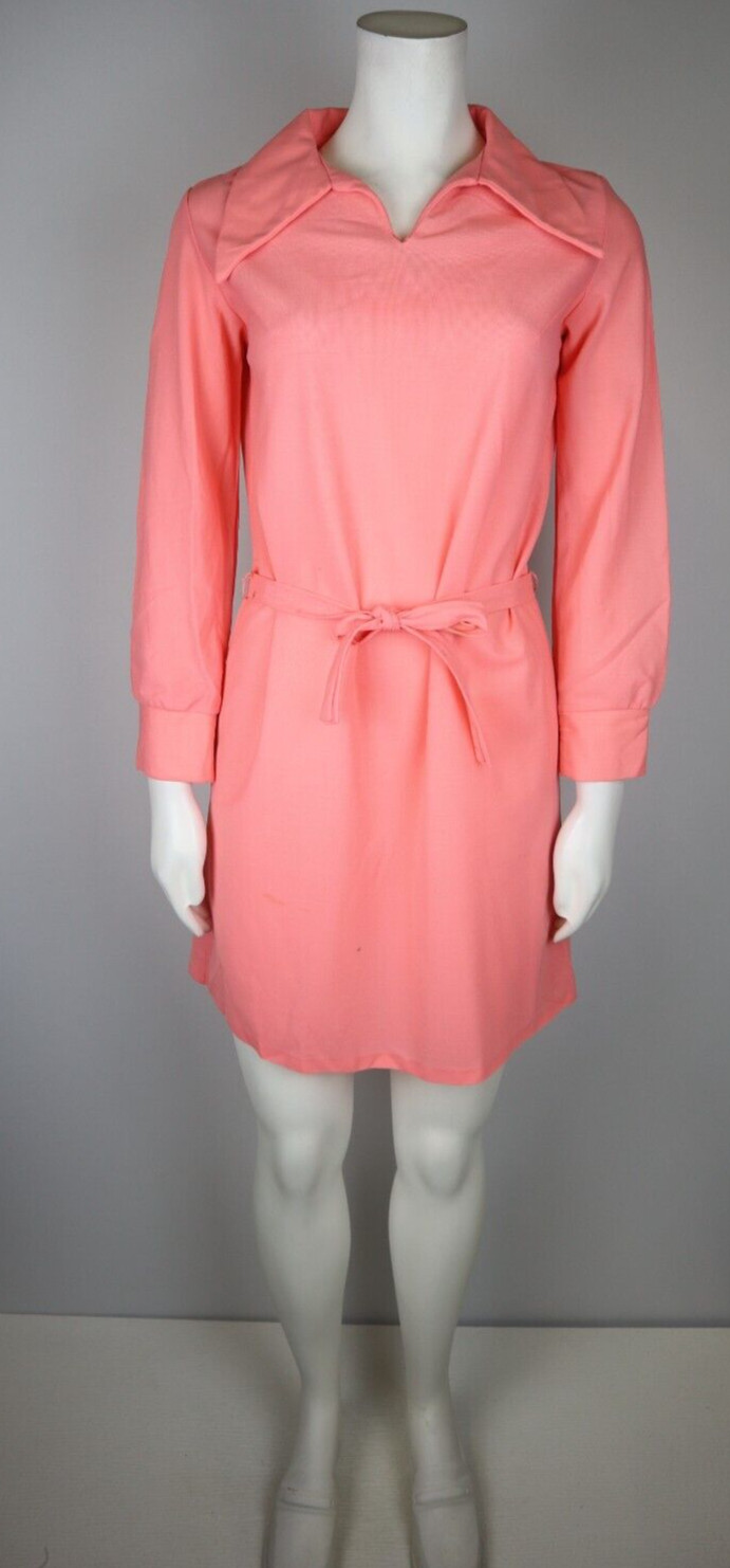 Vintage 1970s 70s Women’s Coral Orange Pink Dress with Belt – Size S