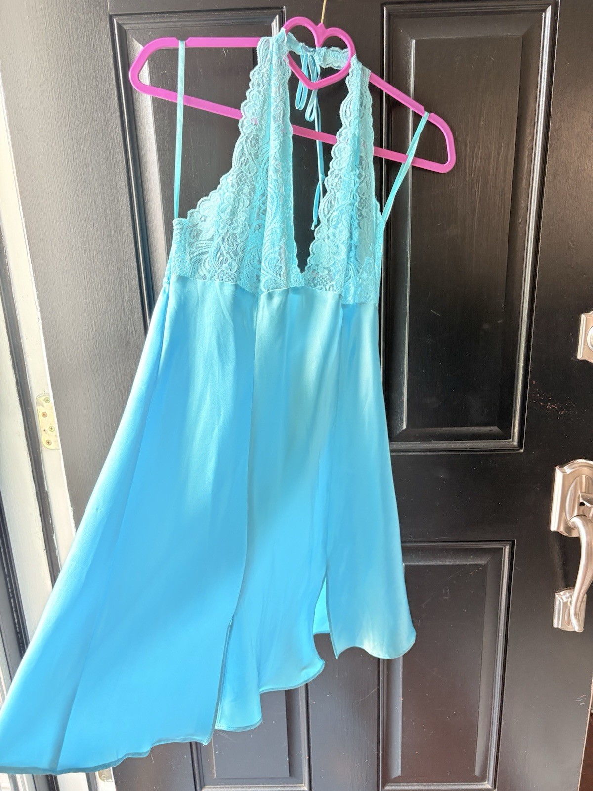 VTG Frederick’s of Hollywood Blue Satin Lace Dress Lingerie Size L Sexy Backless