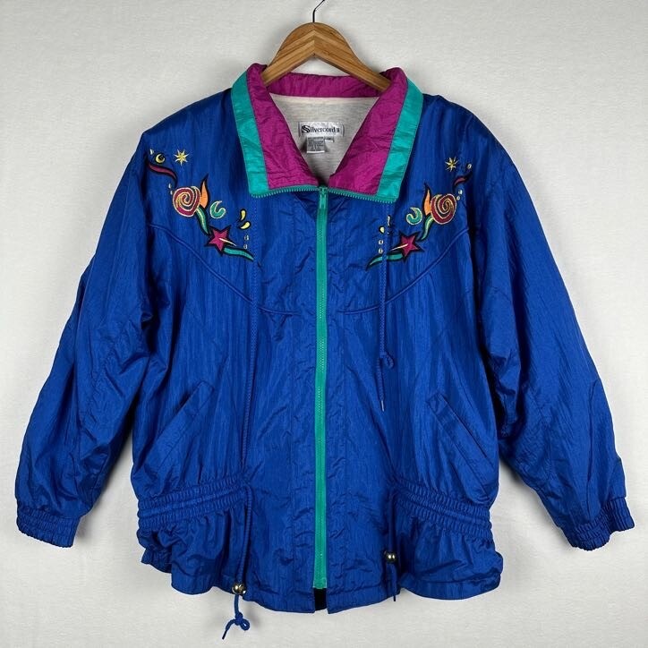 Women’s 1X Windbreaker 90s Silvercord II Blue Purple Retro Full Zip Jacket Vtg