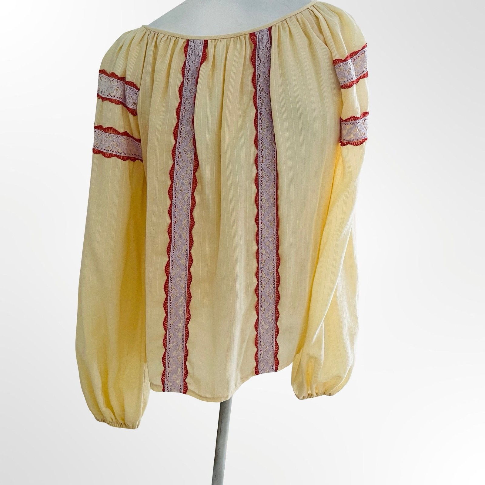 Vintage 1970s Yellow Peasant Blouse with Red and Purple Lace Trim