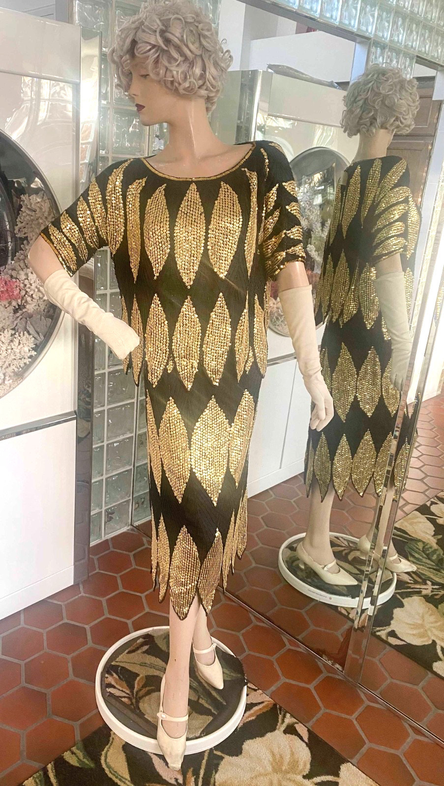 VTG Flapper inspired Art Deco Black Gold Silk Beaded Sequin 2 pc Tiered Dress XL