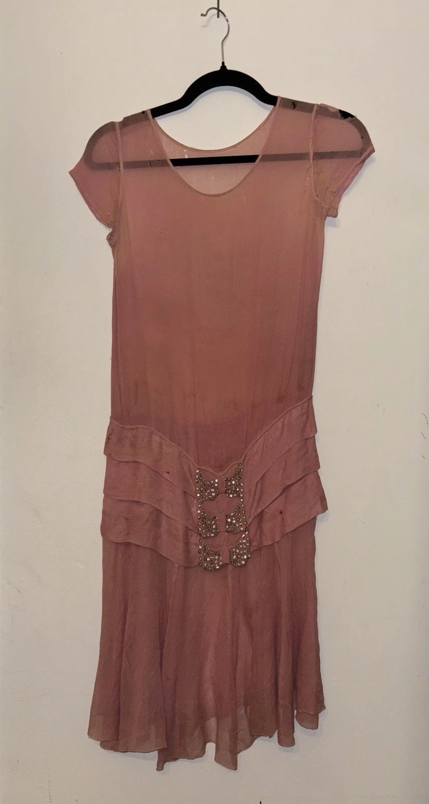 RARE *AS-IS* Antique 1920’s Pink Flapper Sheer Silk Dress With Rhinestone Belt