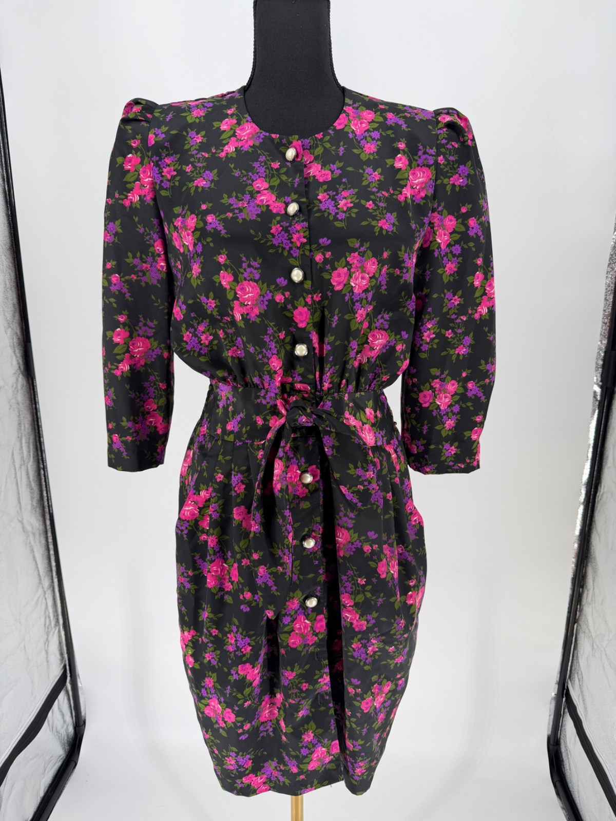 Vtg Petite Jazz Dress Size Med Faux Pearl Buttons Floral Secretary 80’s Glam
