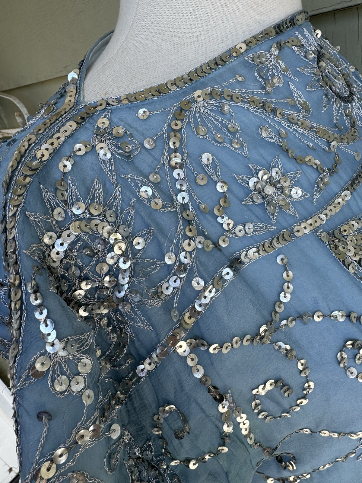 Vtg 60’s Profils Du Monde Beverly Hills Baby Blue Gown Silver Sequins Silk S