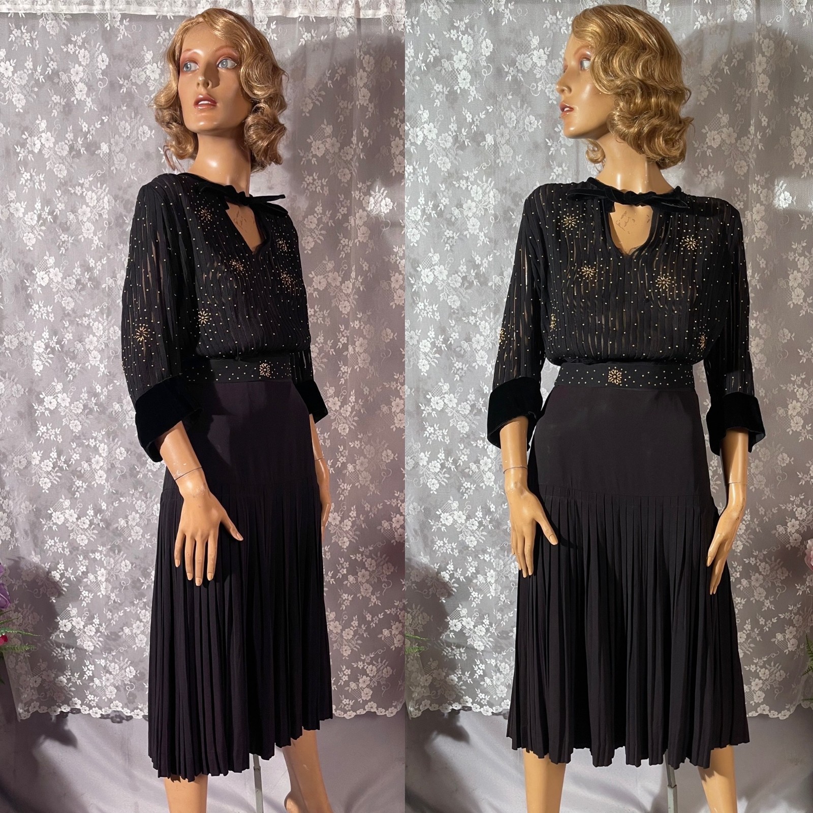 Vintage 1930s Black Studded Blouse & Skirt Size Small 30s Rayon Film Noir Goth