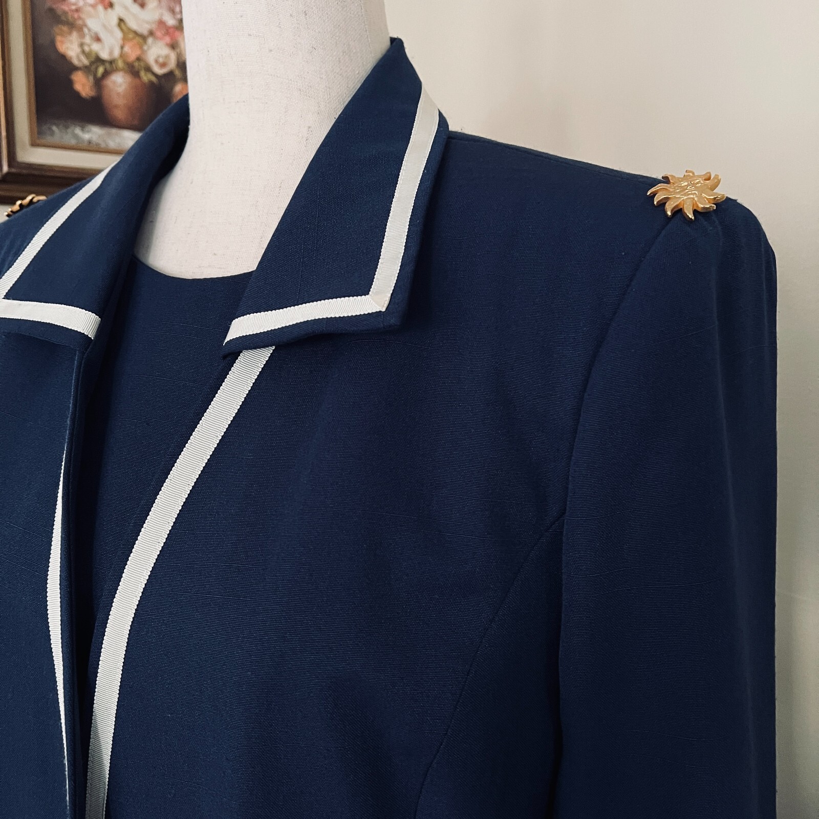 Diane Roberts Vintage Navy Blue Nautical Dress sz 14H Gold Star Buttons 3 piece