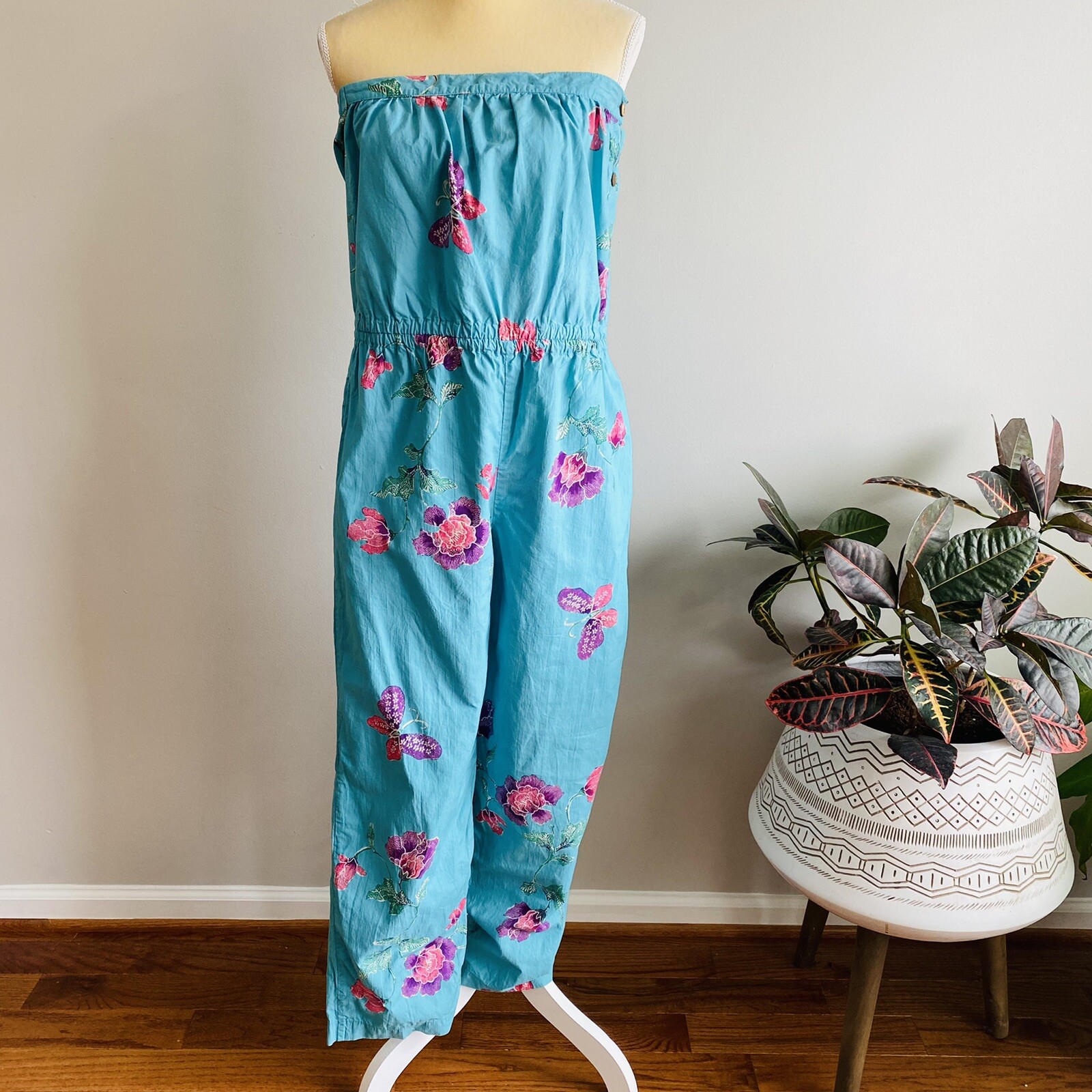 Java Wraps Vtg Floral Teal Jumpsuit Romper Boho Beach Sz M
