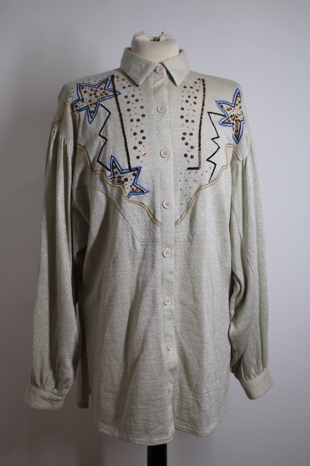 Vtg 80s Marc D’Alcy L Silk Blend Knit Sequin Bead Western Style Shirt Top