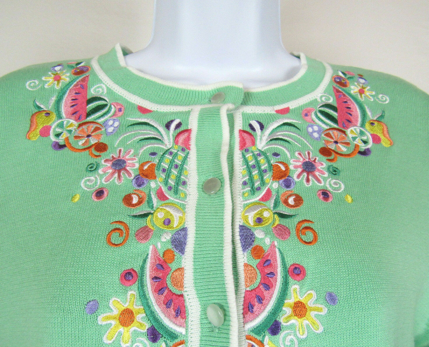 VTG 1990s BOB MACKIE WEARABLE ART MED TOP EMBROIDERY FRUIT FLOWER COTTON ACRYLIC