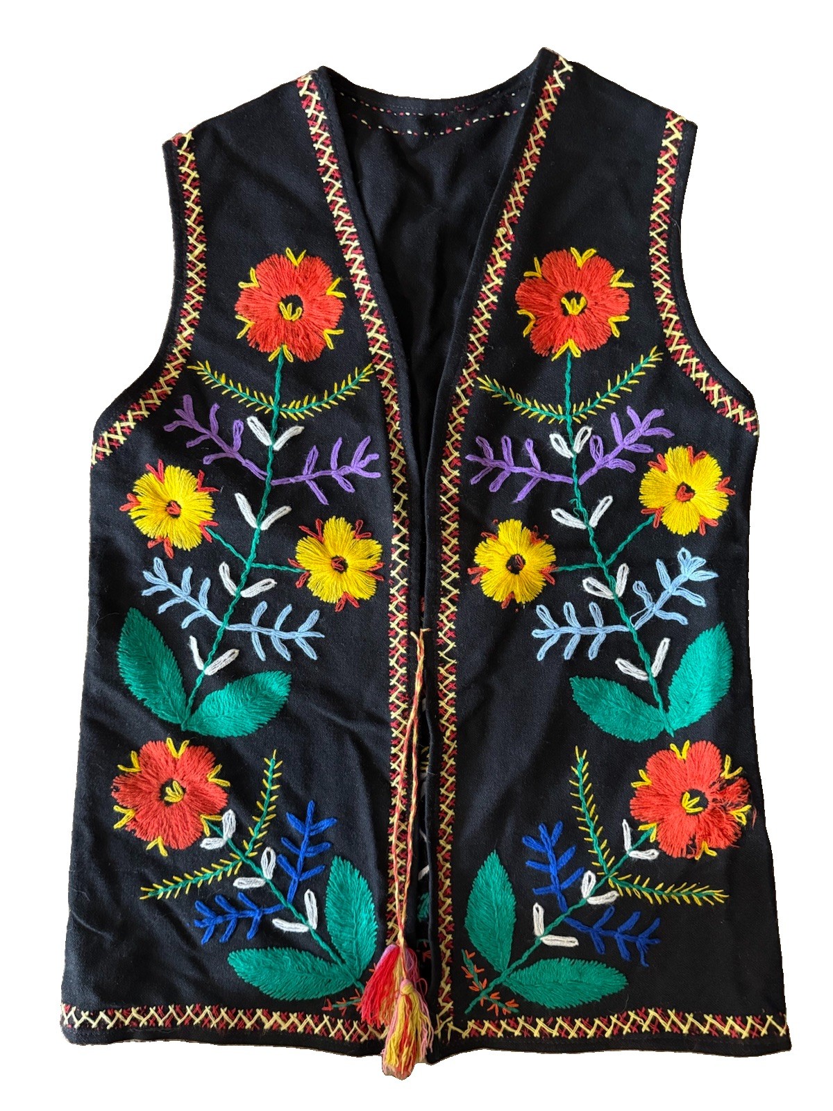 Vtg Embroidered Black Wool Folk Art Vest Boho Floral Traditional Hungarian Style