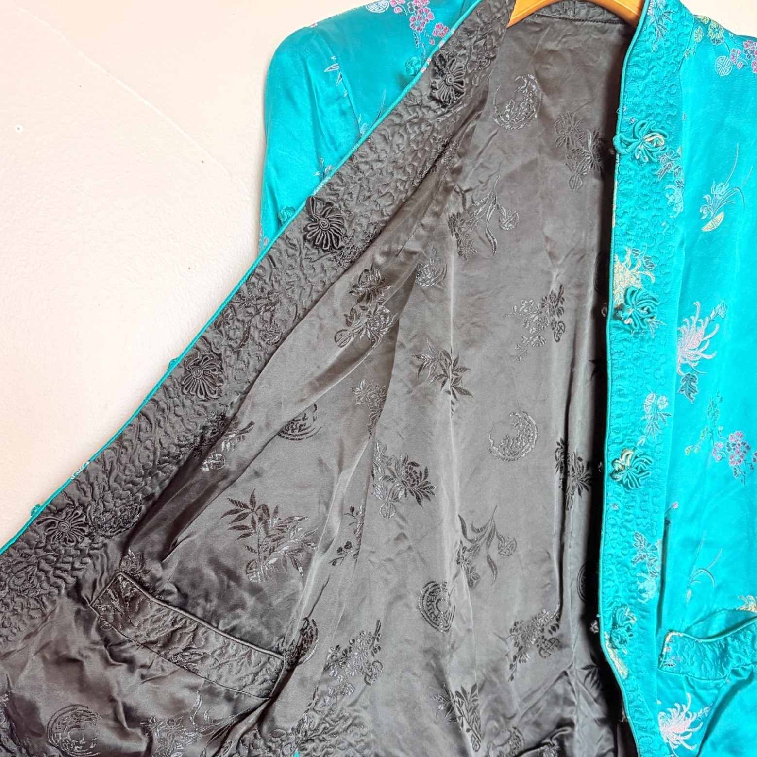 Vintage Reversible Satin Chinese Jacket Teal Black Embroidered Frog Buttons
