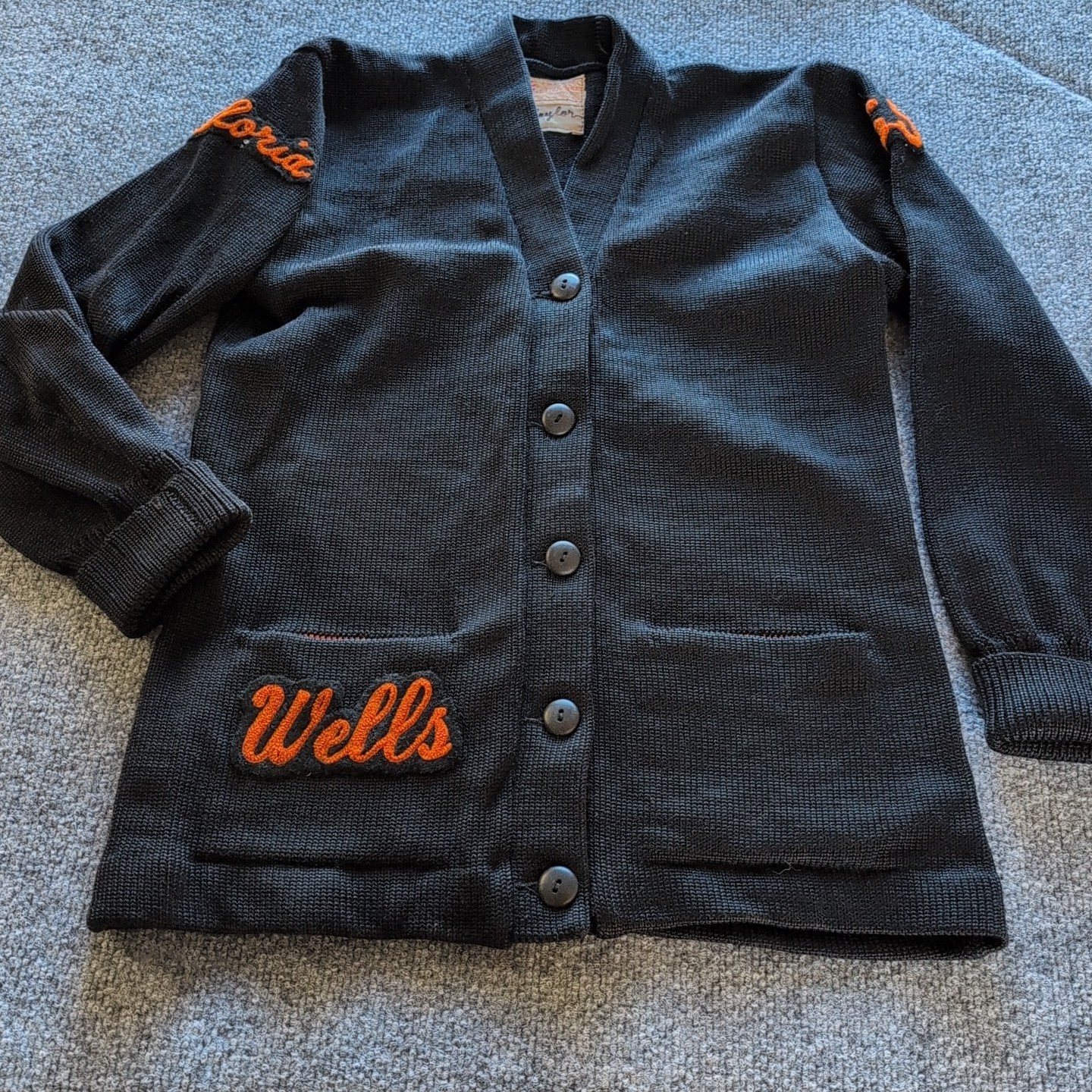 Vintage Varsity Letterman Sweater Black Orange Gloria Wells NV Womens Med 50/60s