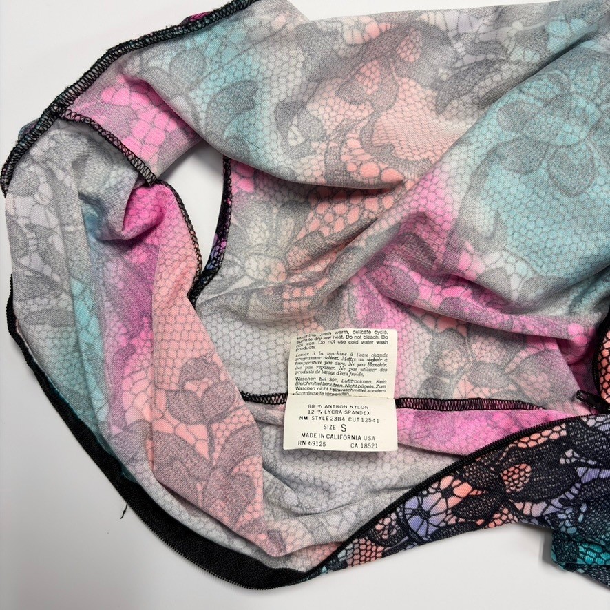 Gilda Marx Flexatard Vintage 80s Floral Lace Print Mock Neck Leotard Sz S USA