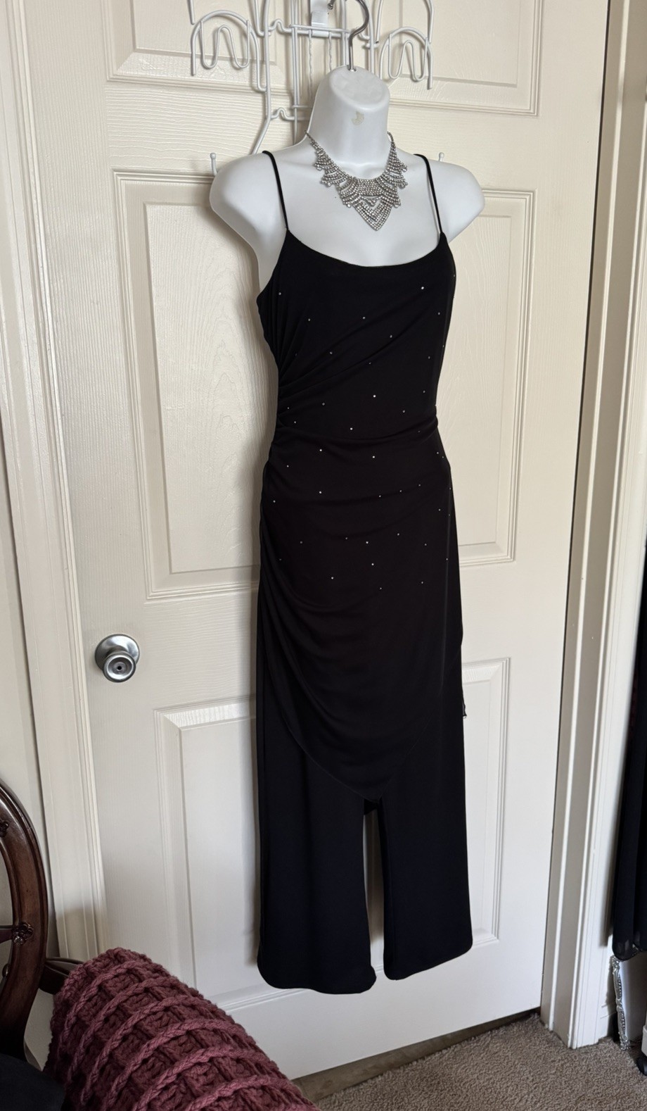 90’s Y2K Vintage Black Rhinestone Jumpsuit Sheer Overlay Made In USA, Size XS-S