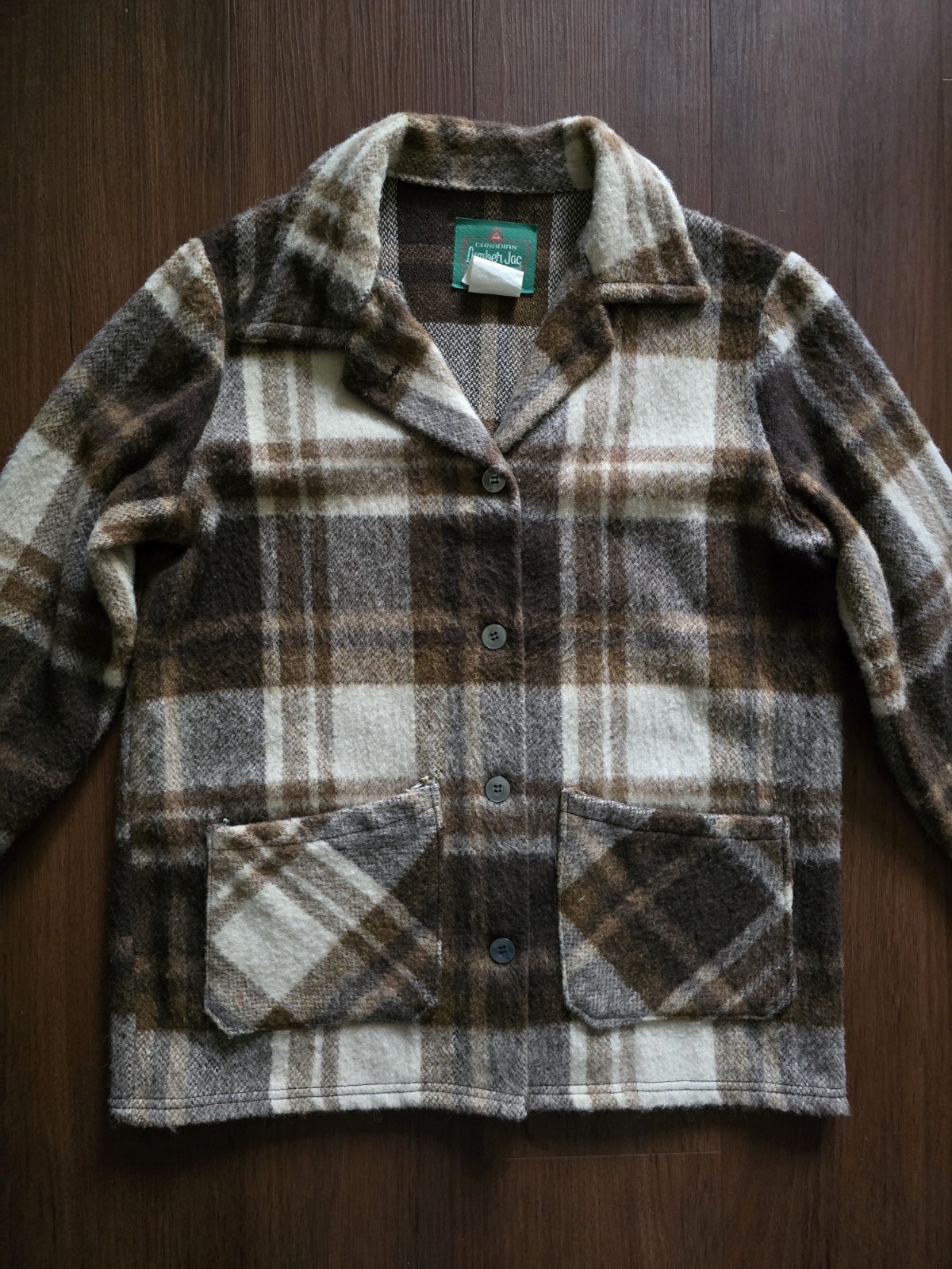 Vintage 1970s Canadian Lumber Jac Jacket Womens Medium Plaid Wool Coat Pockets