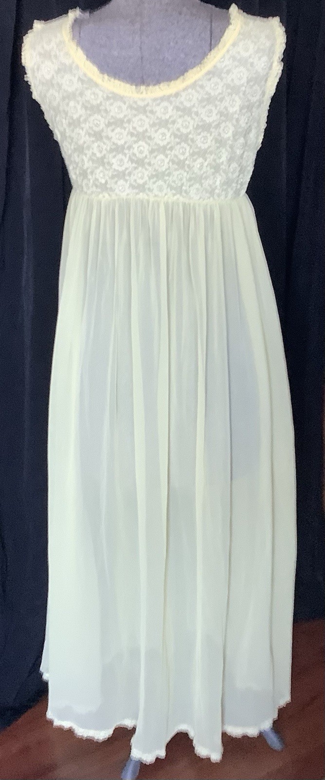 Vintage 1960’s Lemon Yellow Nylon Nightgown Empire Waist Lace Bodice Trim Sheer