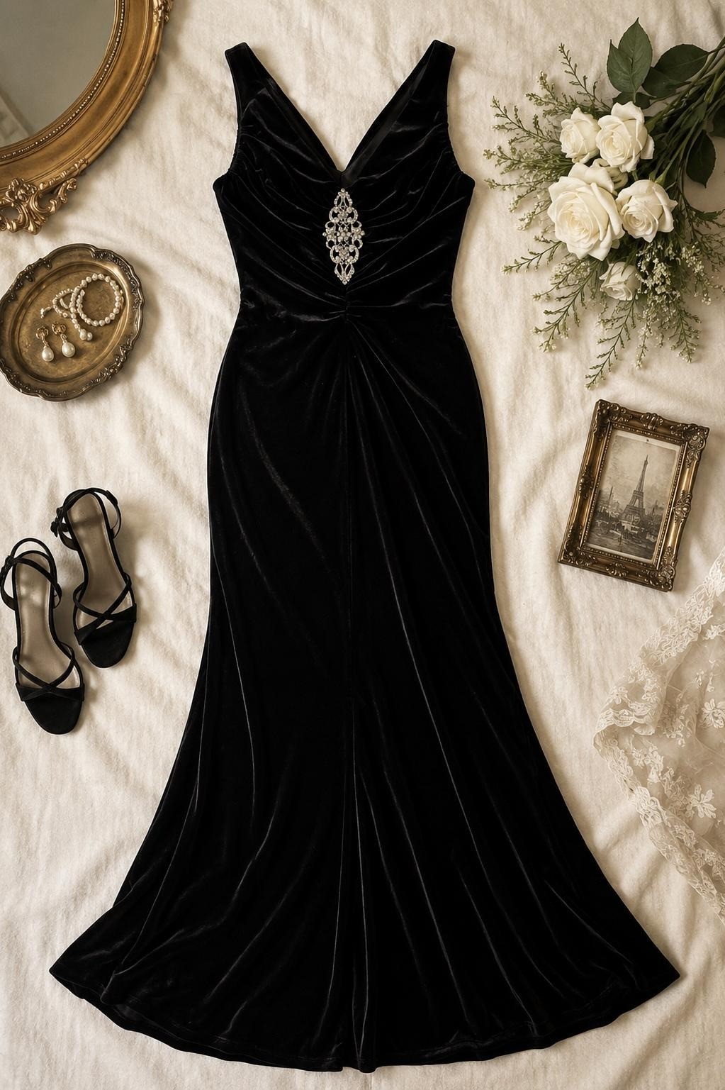 Vintage Onyx Nite Black Velvet Gown Size 6 | Rhinestone Formal Dress | Old Holly