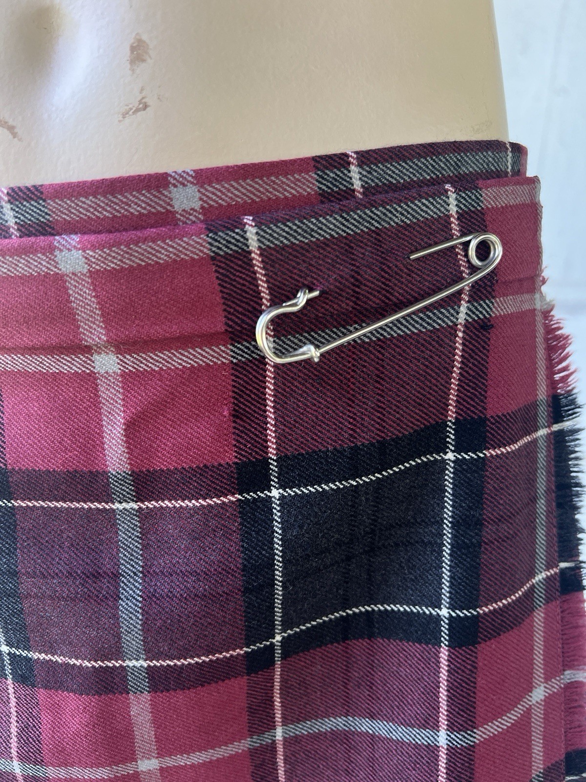 Vintage 80s Wool Kilt Skirt Pleated Buckle Back Wrap Plaid Black Red Gray Tartan