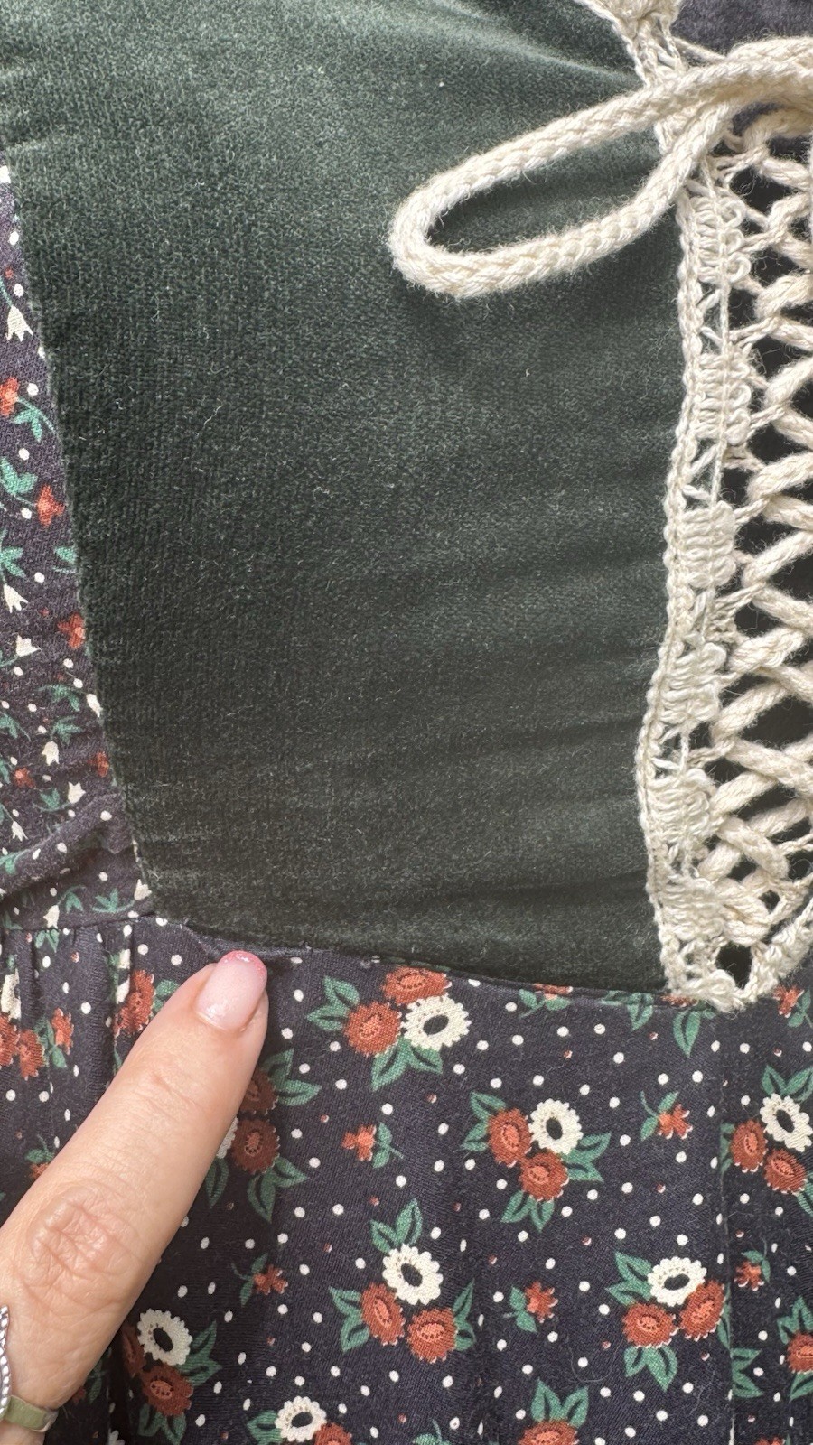 Gunne Sax Gunne Sax green velvet + floral print dress with lace up corset Small