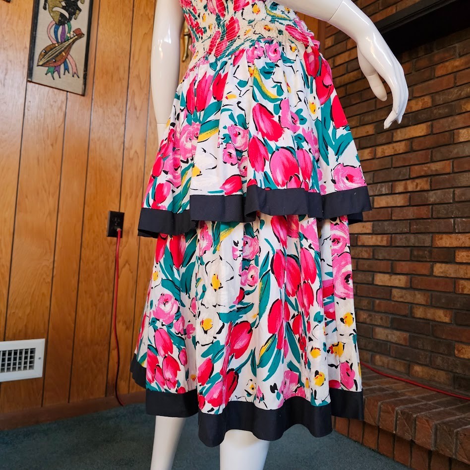 Vtg 1980s Strapless Tulip Floral Cocktail Garden Party SATC Prom Tea Dress S/M