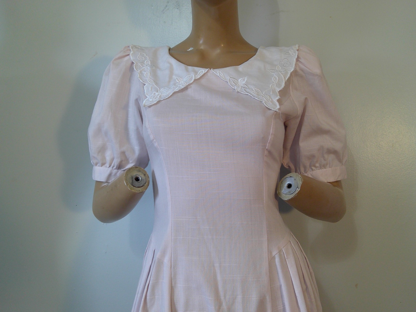 Vtg 80’s Garden Party Modest Style Pink Drop Waist Puff Slv Lace Collar Dress 8