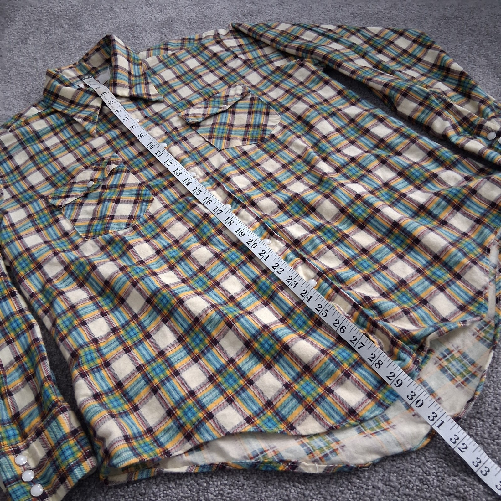Vtg 70s Montgomery Ward Plaid Flannel Shirt | Retro Blue Yellow White Grunge L