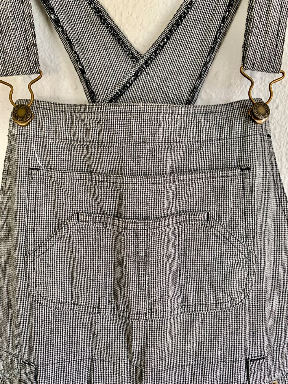 90’s VTG Cropped BIB OVERALLS Houndstooth B&W Cotton M 34×17 grunge punk hippie