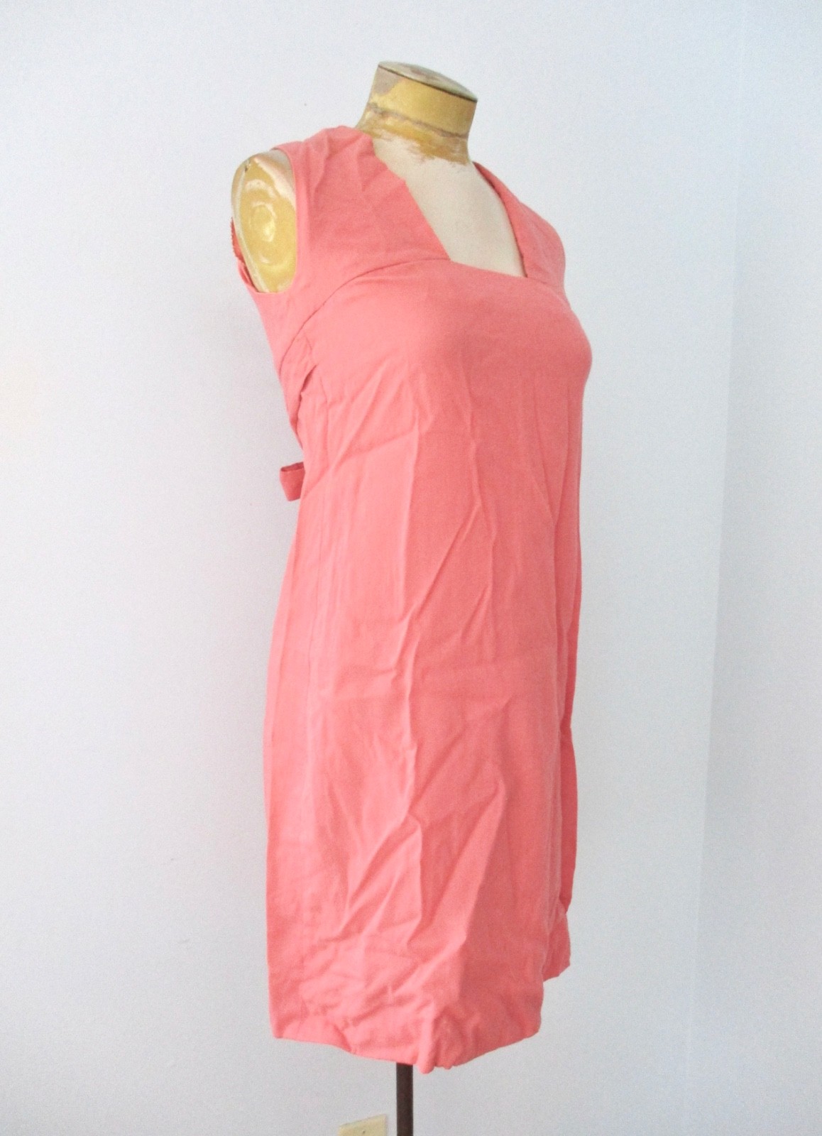 Vtg 50s 60s Elegance Paris coral lightweight dress square neck tie back XS/S