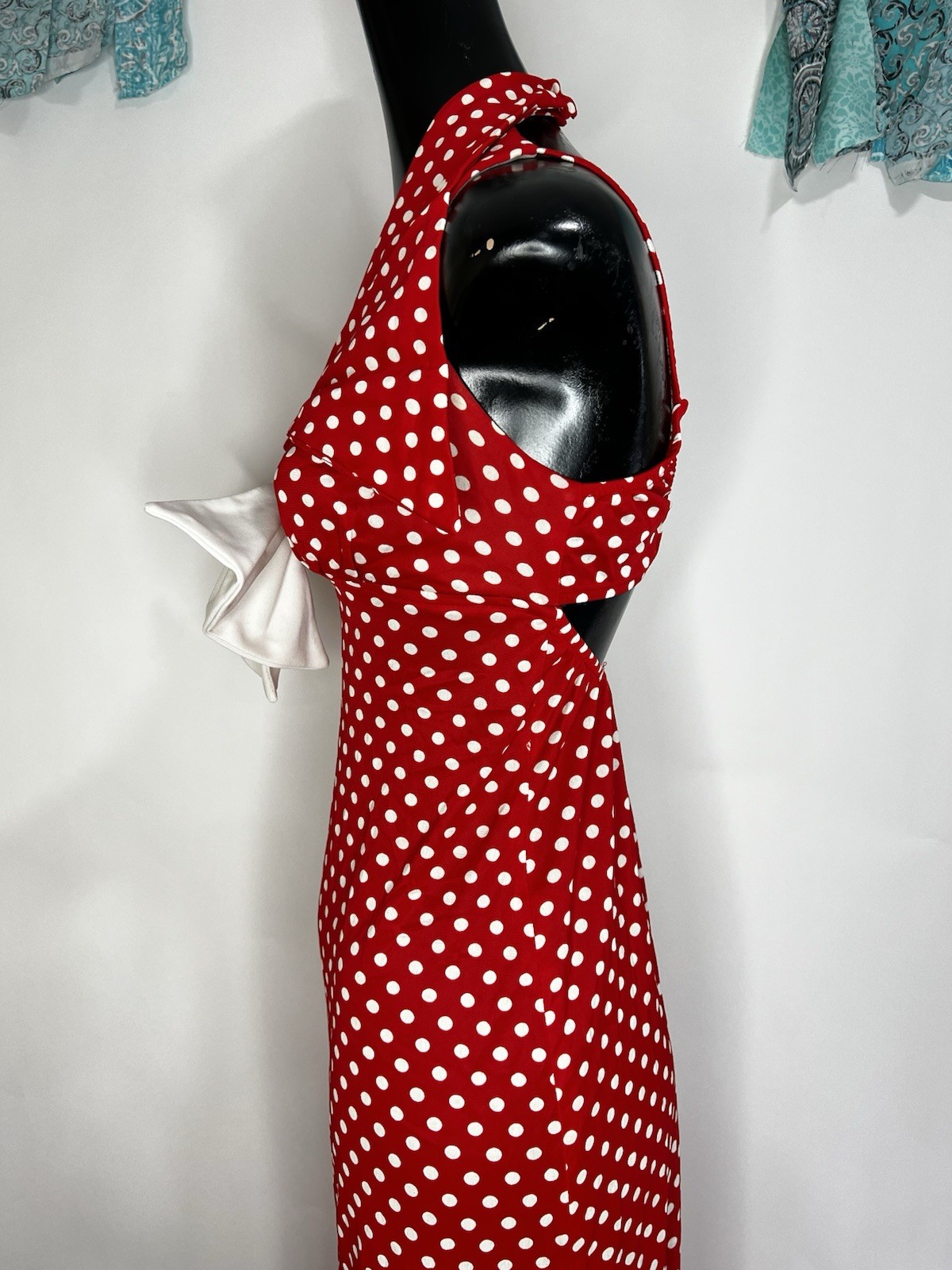 Jack Hartley Miami Vintage Dress Red White Polka Dot Sailor Stretch Halter Maxi