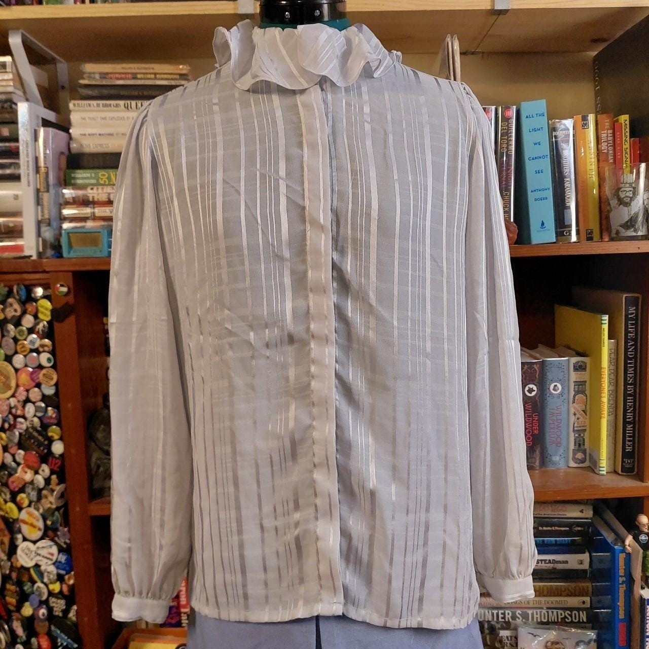 Vintage silver striped button up with ruffle collar.