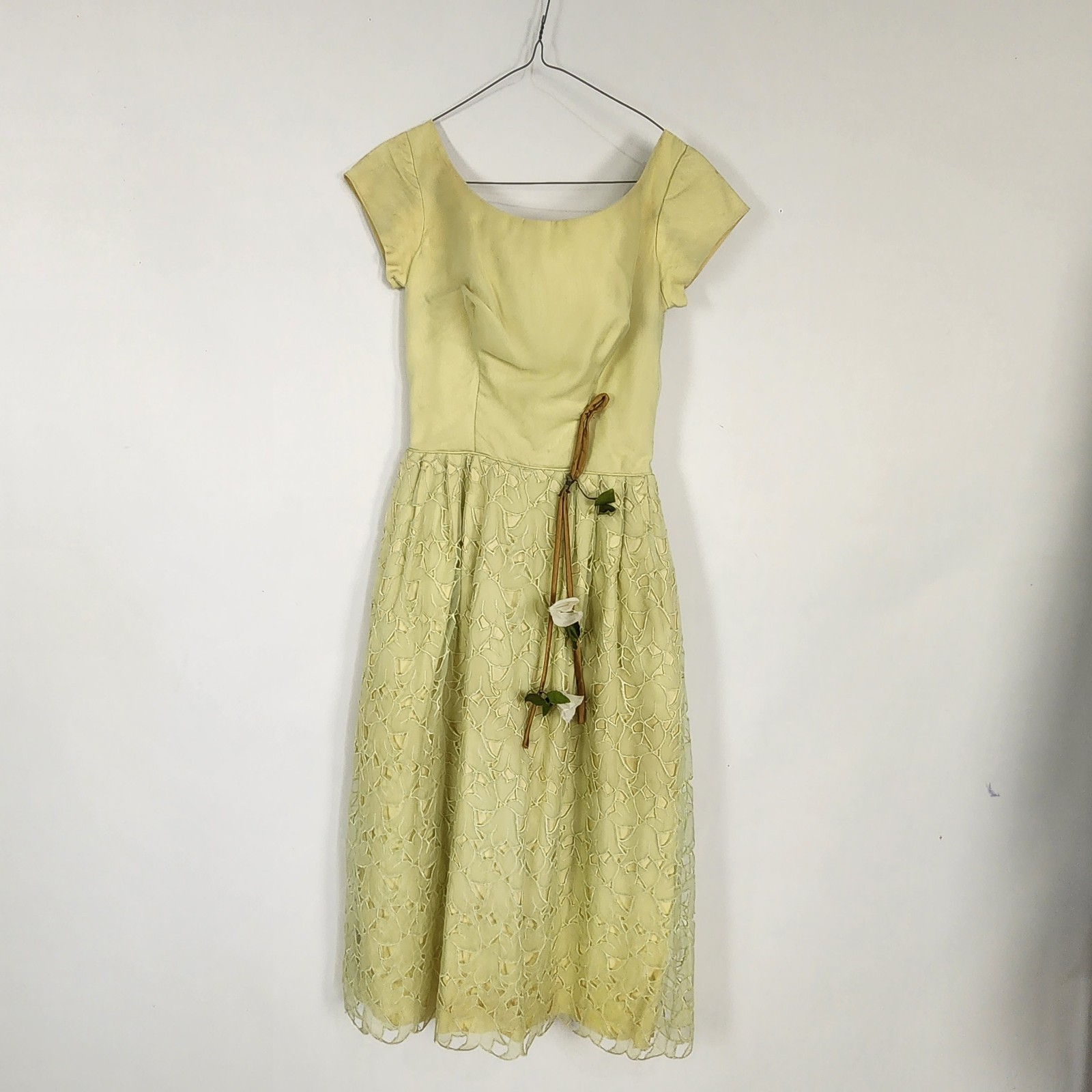Lemon Lime 50s Cutwork Tea Dress S 3D Flowers Swing Prom Bridesmaid Pinup Swing