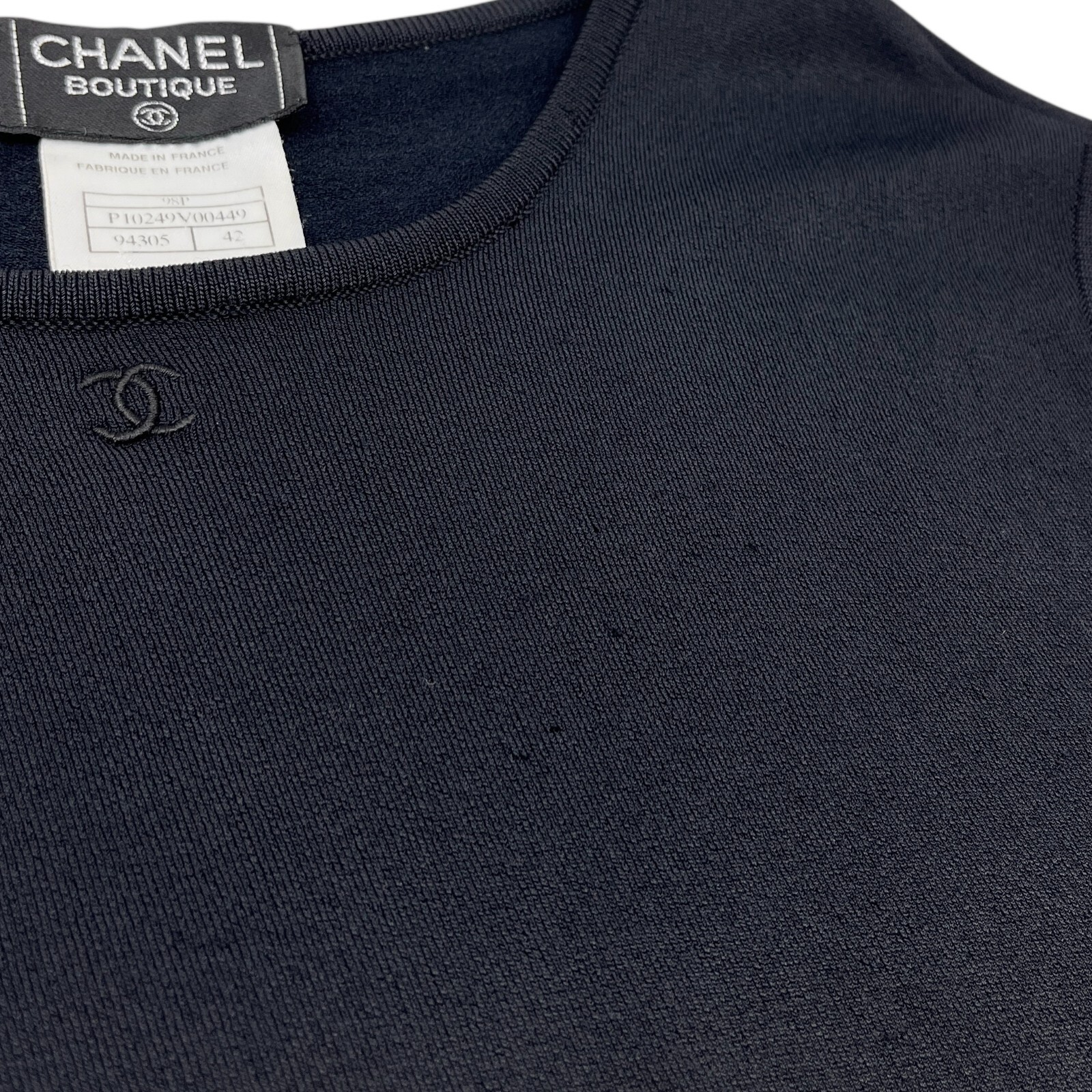 CHANEL Vintage 98P CC Logo Knit Tank Top #42 Round Neck Spandex Black Rayon
