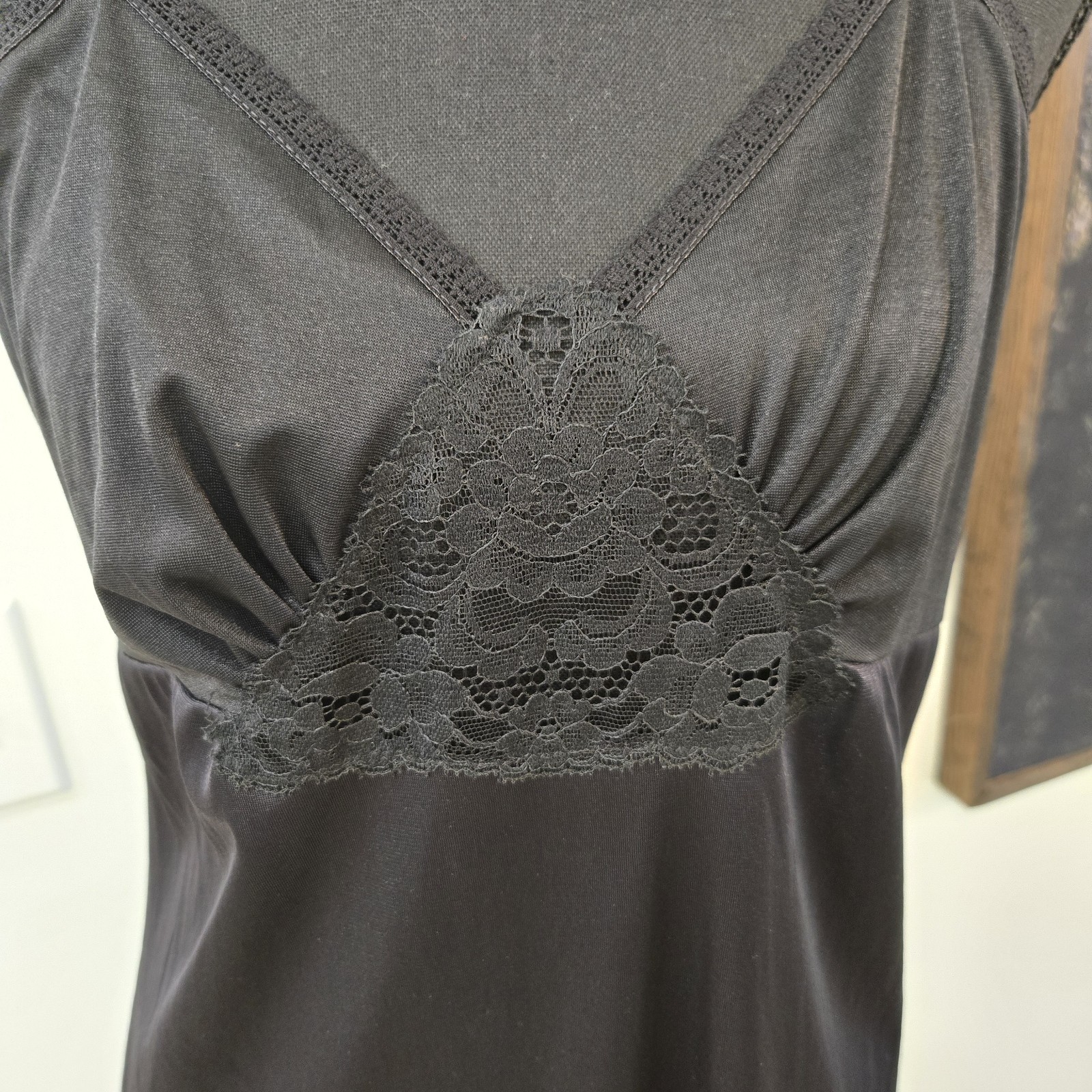 Vintage Movie Star Black Nylon Lace Full Slip Sz 40 USA Pinup Old Hollywood M/L