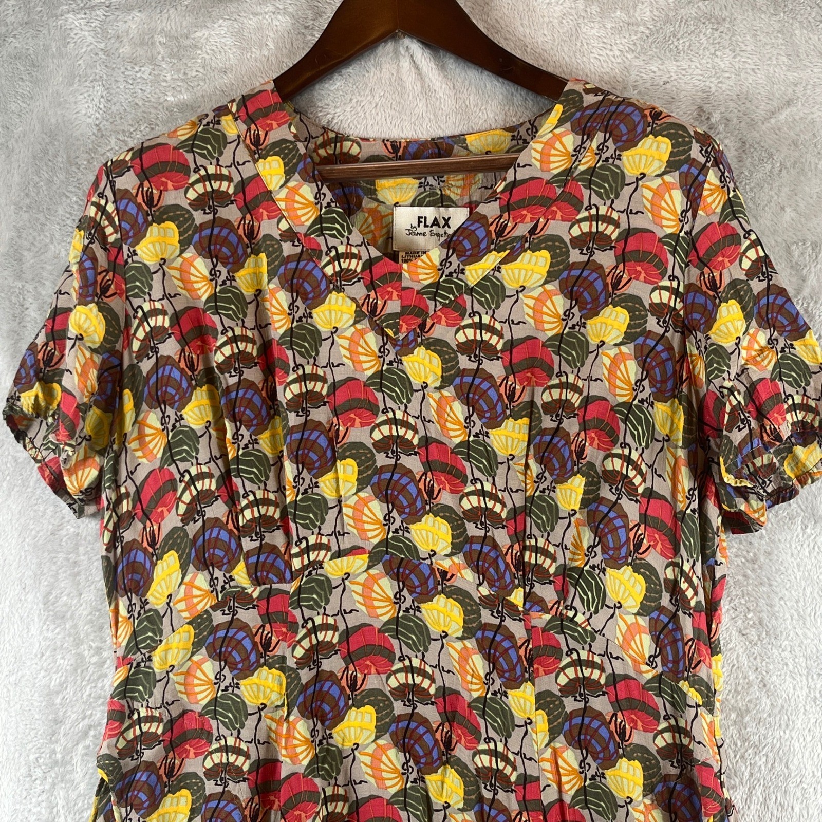 VTG FLAX Jeanne Engelhart Dress M Rayon Abstract Print Midi Pockets Lithuania