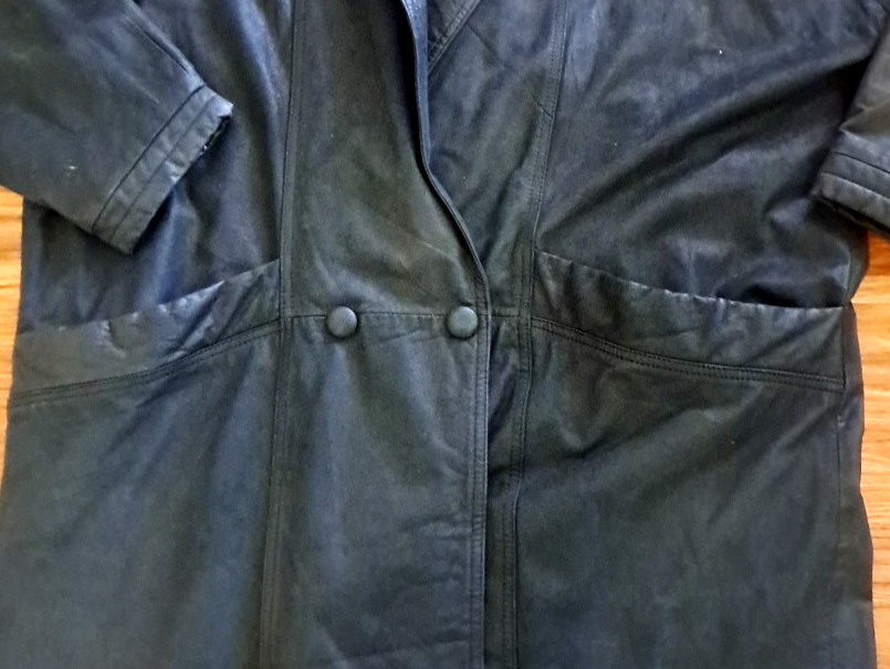 Women Vintage Leather Duster Coat Black 1990s Glam Boxy Pockets Western Large