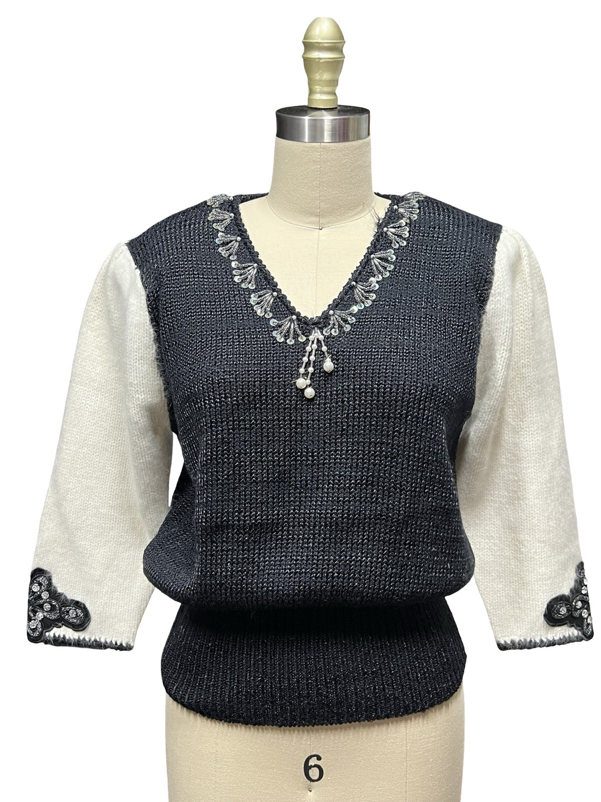 VTG 80s Rochelle Angora Sweater Beaded Sequin Collar Soft Fuzzy Black Cream Sz S