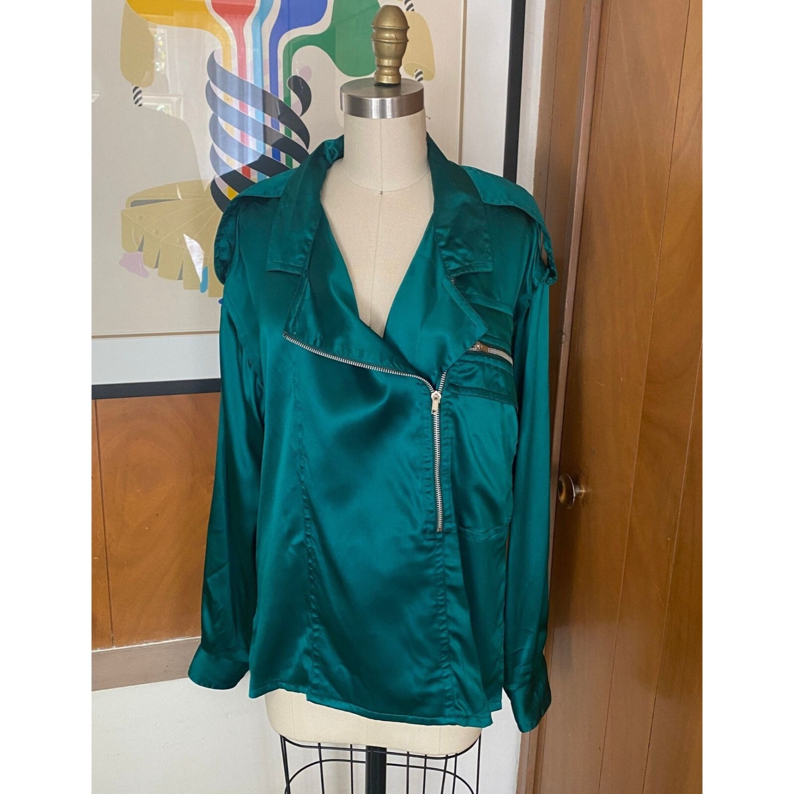 VTG Pancaldi & B Italy silk Blouse zipper S M Italy top emerald green