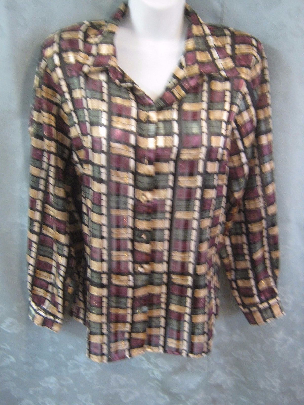 Dress Barn Blouse Size Medium Sheer Shadow Strip Plaid Dressy Metallic Threads