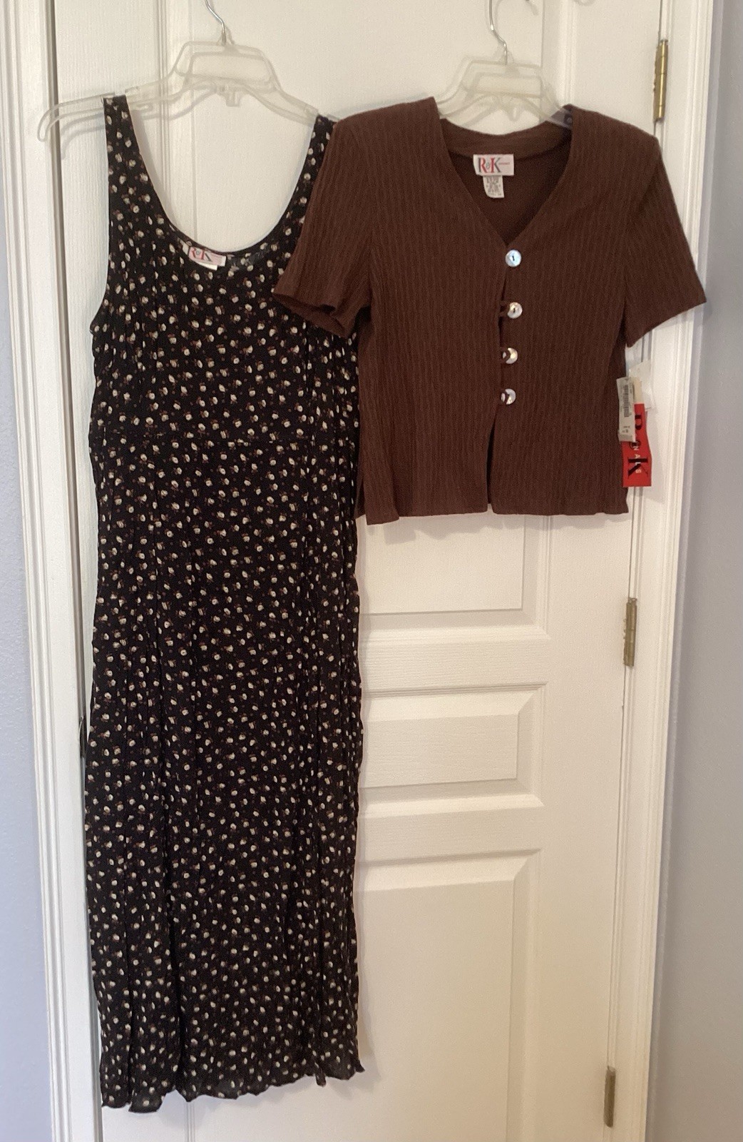 R&K Originals Vintage Maxidress &Cardigan Set Size10 Black/Brown Ditsy Print NWT