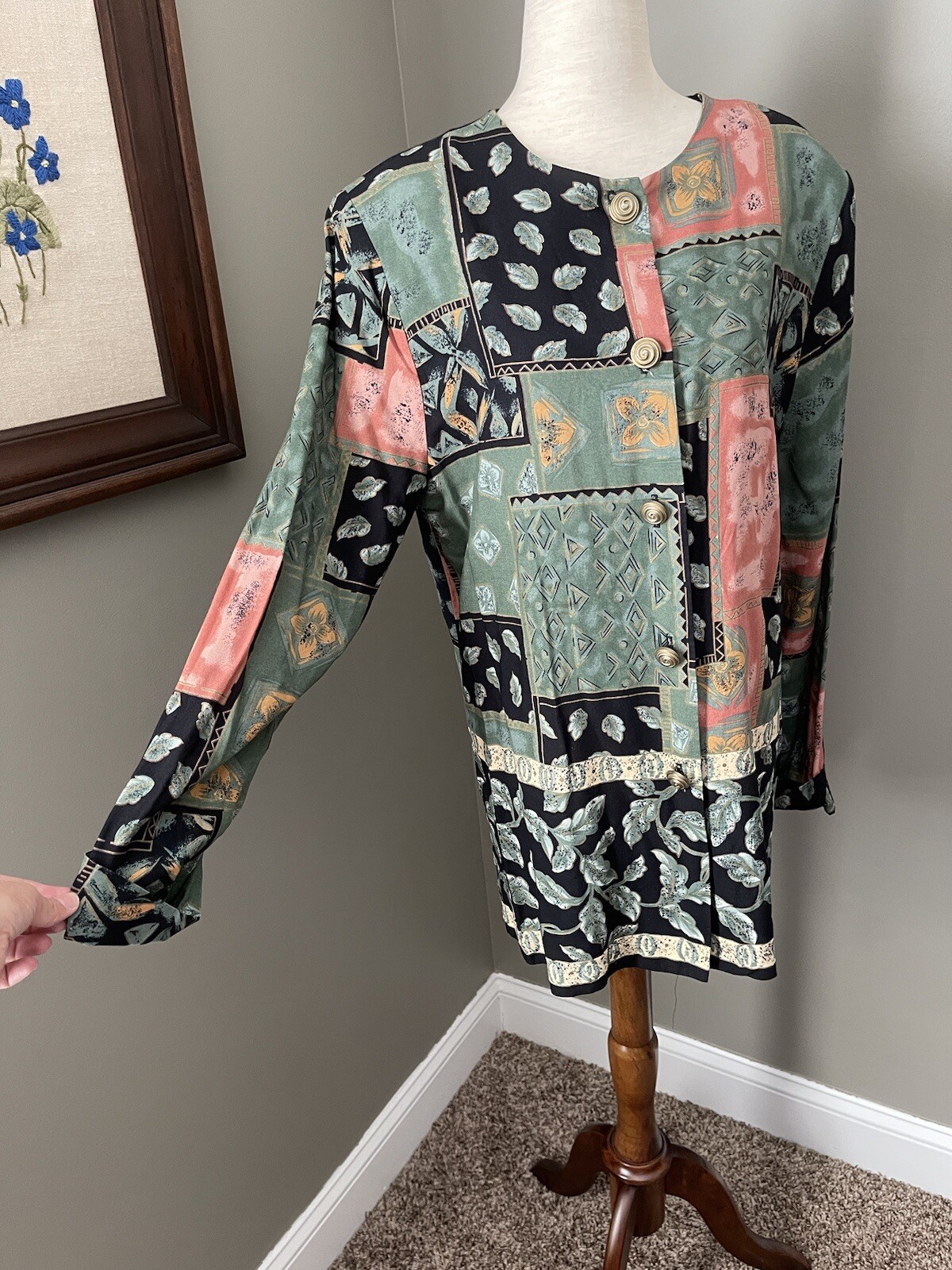 Vintage 80s 90s Shoulder Pad Patchwork Style Button Up Top Gold Spiral Buttons
